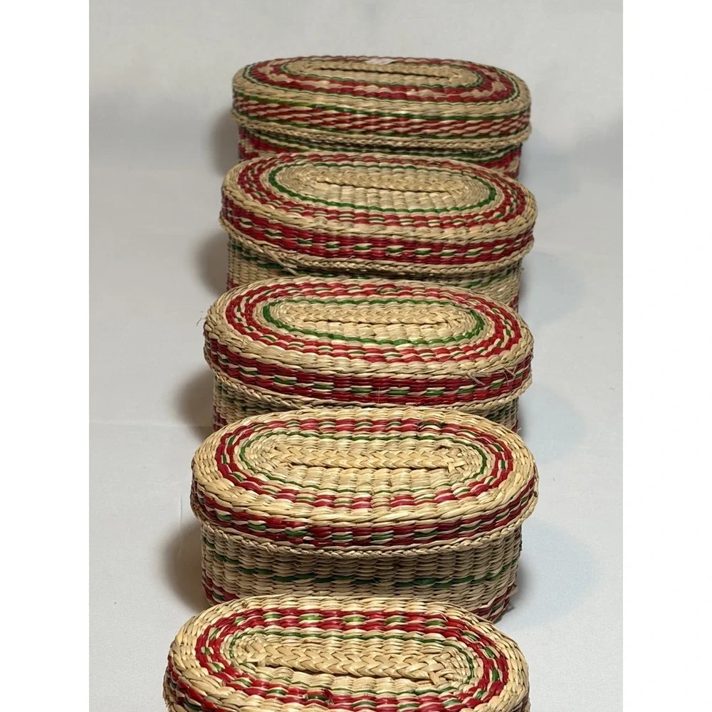 VTG 70s Nesting Baskets w Lids & Handles Set of 5, People's Republic of China